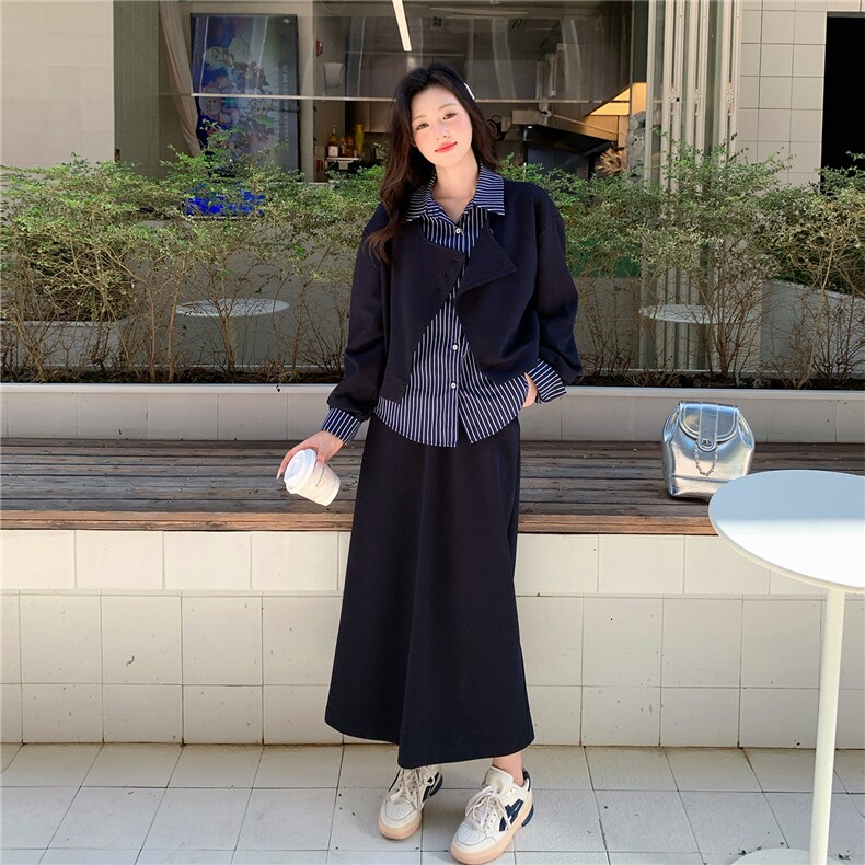 【新品现货】温柔假两件条纹上衣半身裙两件套5107-P175-K258,女装套装/套裙,2C126