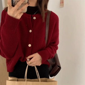 长袖针织开衫女简约短款百搭纯色羊毛休闲外套上衣图片