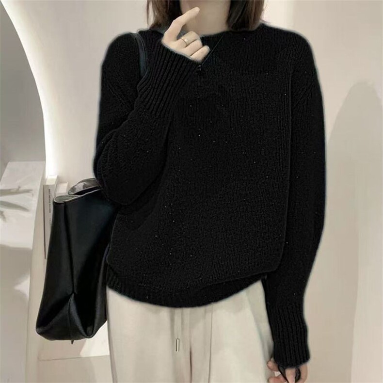 圆领亮闪羊绒毛衣女2025冬季法式宽松外穿亮丝针织衫羊毛打底上衣,针织衫/毛衣,萱芳婷羊绒