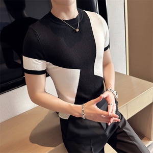 2024早秋新款修身圆领拼色提花针织衫毛衣打底衫男净版M06-p45图片