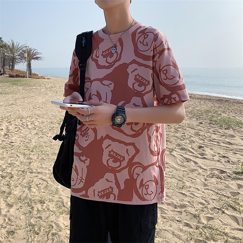 港风小熊印花半袖男夏季ins潮流圆领短袖T恤潮流T129P35控49,男装T恤,电商A089-1