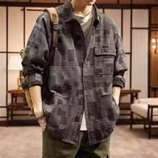 衬衫外套男高级感格子美式牛仔衬衣男长袖宽松痞帅日系工装上衣服，男装衬衫，星座715-4