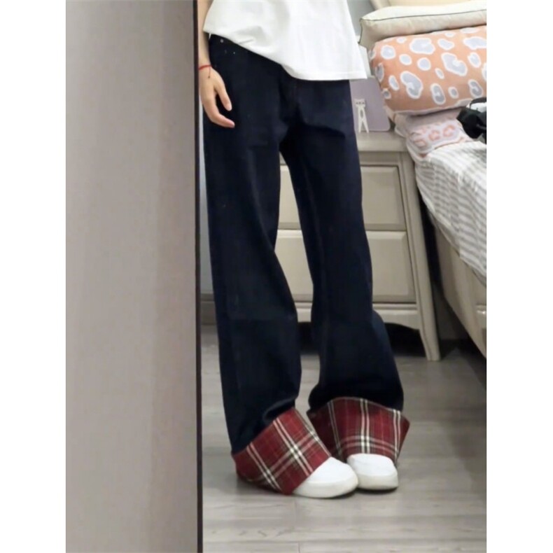 【网图有货】美式格子拼接卷边牛仔裤男女阔腿裤子NZ011LL-特P48,男装牛仔裤,星座1007（原301D）