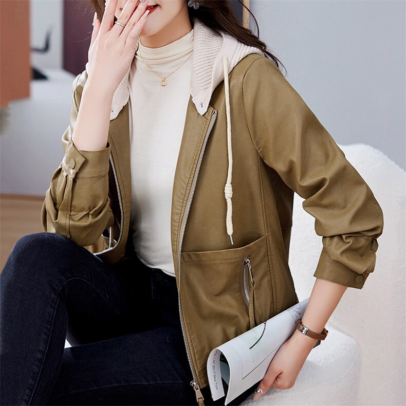 皮衣外套女2023年春季新款洋气减龄带帽子可脱卸口袋短款夹克潮,女装皮衣,江南女神