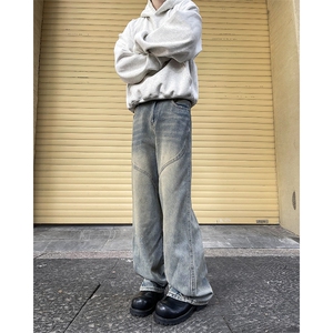 不规则设计感直筒牛仔裤男士痞帅炸街时尚阔腿水洗老爹裤子图片