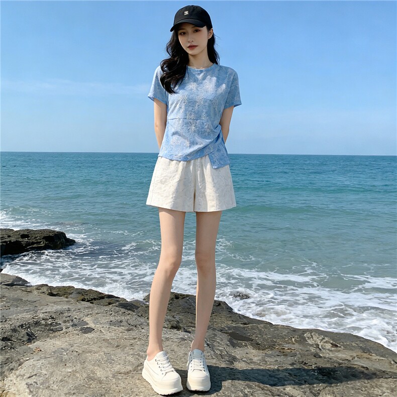 女夏新款时尚减龄套装圆领侧绑带晕染设计短袖上衣蕾丝短裤两件套,女装套装/套裙,江南