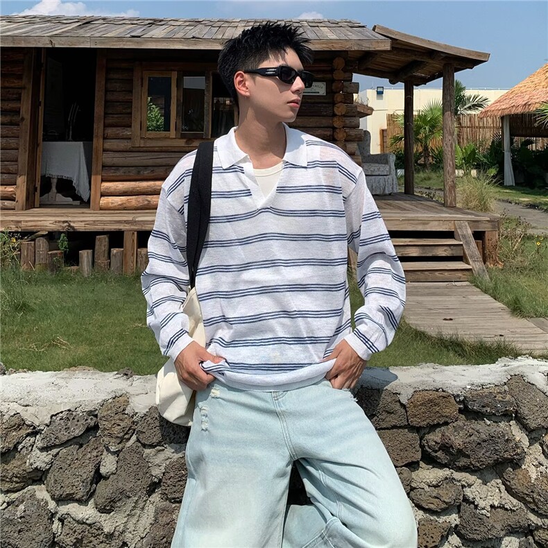 潮牌港风条纹长袖Polo衫男美式复古宽松休闲卫衣，男装Polo衫，四季星座505