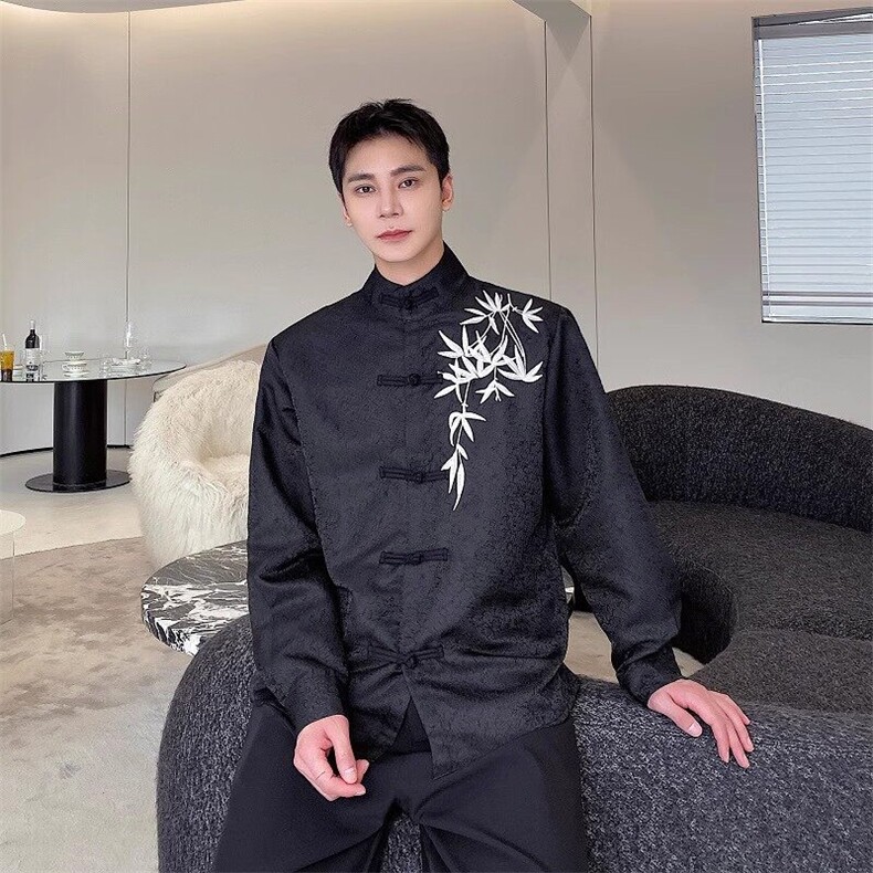 新款中式提花立领盘扣长袖男女衬衣复古刺绣风衬衫C166图片