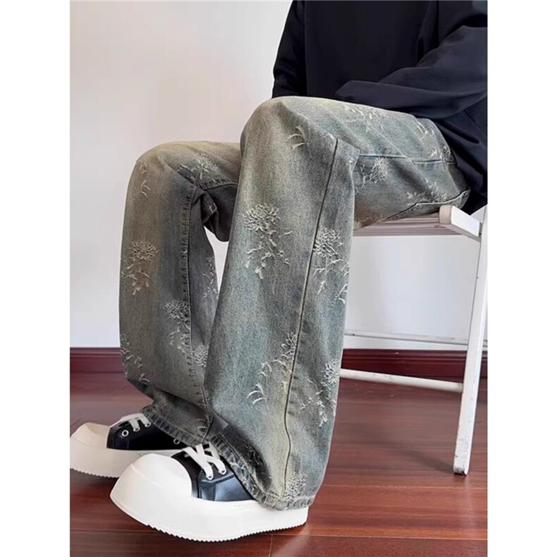 美式cleanfit复古蓝水洗牡丹提花微喇牛仔裤男高街痞帅宽松直筒裤,男装牛仔裤,星座1210-1
