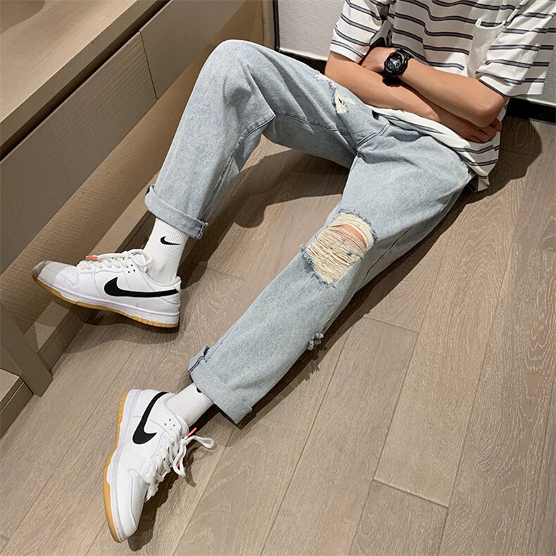 破洞牛仔裤夏薄款裤子高街ins潮牌vibe风格阔腿九分裤K1196-P38,男装牛仔裤,星座512-4
