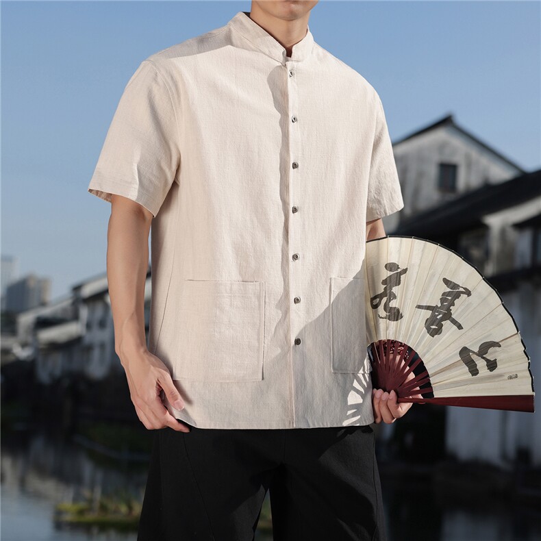 2026夏季新款风盘扣纯色休闲宽松大码苎麻T恤CS2606,男装T恤,电商A008