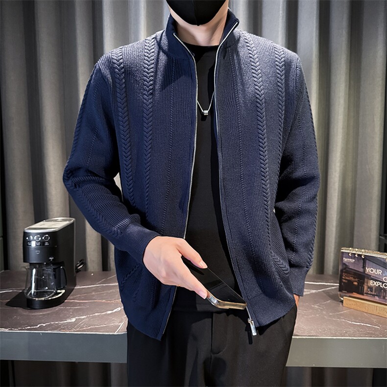 C67065-M-3XL-P98秋百搭男士休闲拼接针织拉链立领外穿毛衣开衫,男装针织衫/毛衣,电商B255
