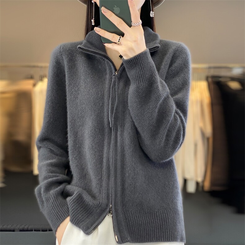 休闲简约淑女百搭长袖气质修身v领拉链羊毛衫女外穿,女装羊毛衫,暖娇绒