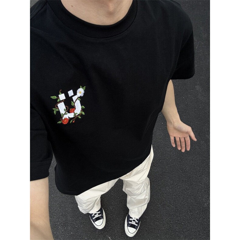 黑色美式蔷薇刺绣短袖t恤男款夏季cleanfit潮牌欧美街头情侣半袖,男装T恤,星座1007（原301D）