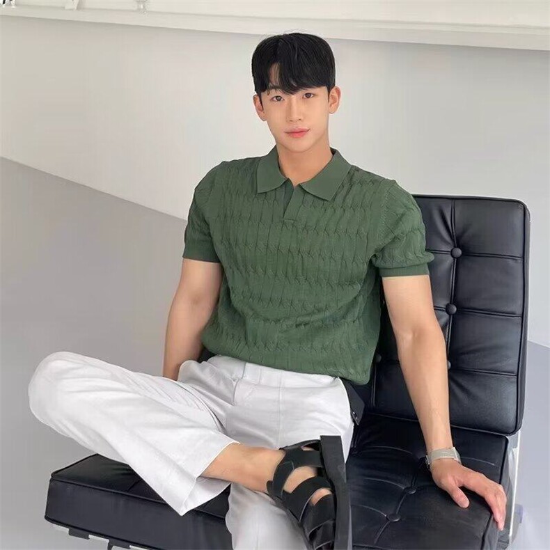 夏季针织短袖Polo衫韩版修身纯色冰丝休闲翻领上衣-M26-网络图,男装T恤,星座1002-2