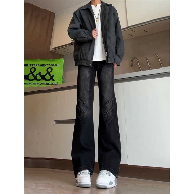 春季美式高街牛仔裤弯刀vibe风褶皱裤子男女直筒微喇裤LG800-p45,男装牛仔裤,星座1008