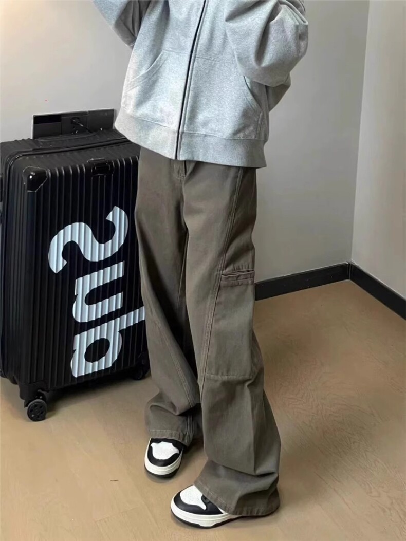 美式复古工装裤解构设计新款宽松牛仔裤美拉德棕色裤子男K68,男装牛仔裤,星座516A