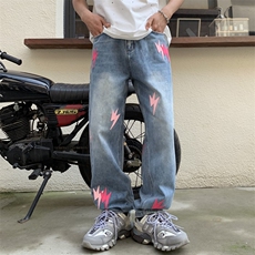 美式高街复古水洗闪电牛仔裤男女同款宽松百搭直筒潮牌休闲长裤，男装牛仔裤，四季星座505