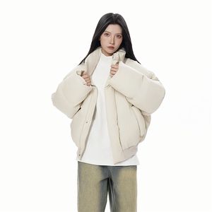 现货5W件冬季三防重磅硬挺boxy短款羽绒立领PU皮棉衣外套加厚棉服
