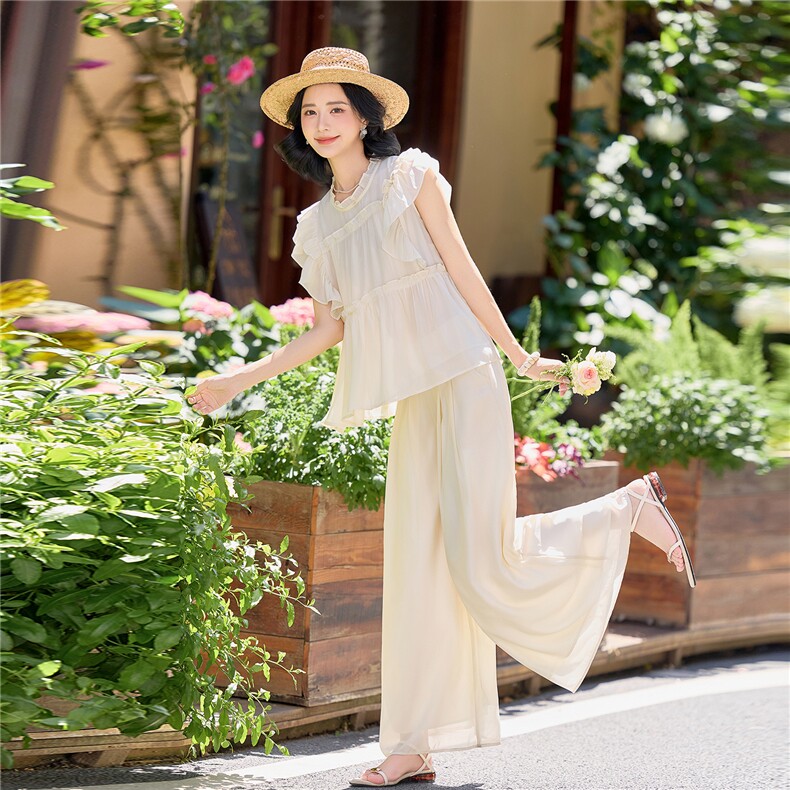 超仙时尚雪纺无袖木耳边套装女2026夏新款半透减龄阔腿裙裤两件套,女装套装/套裙,水衣源
