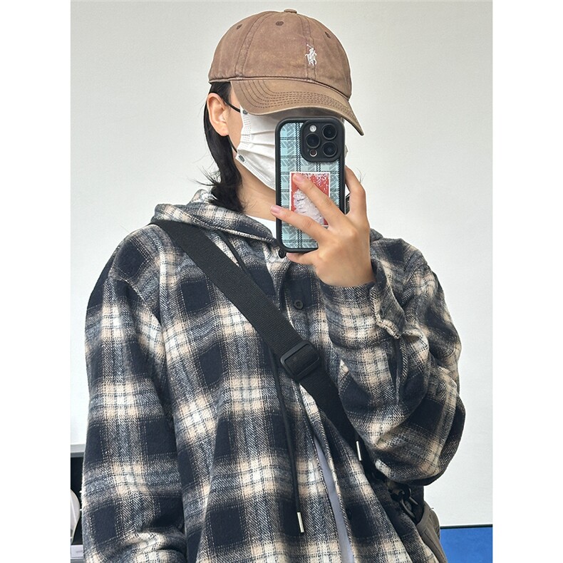 数据毛呢连帽格子衬衫磨毛中性加厚连帽衬衫外套CS069-P48,男装衬衫,星座301C-5