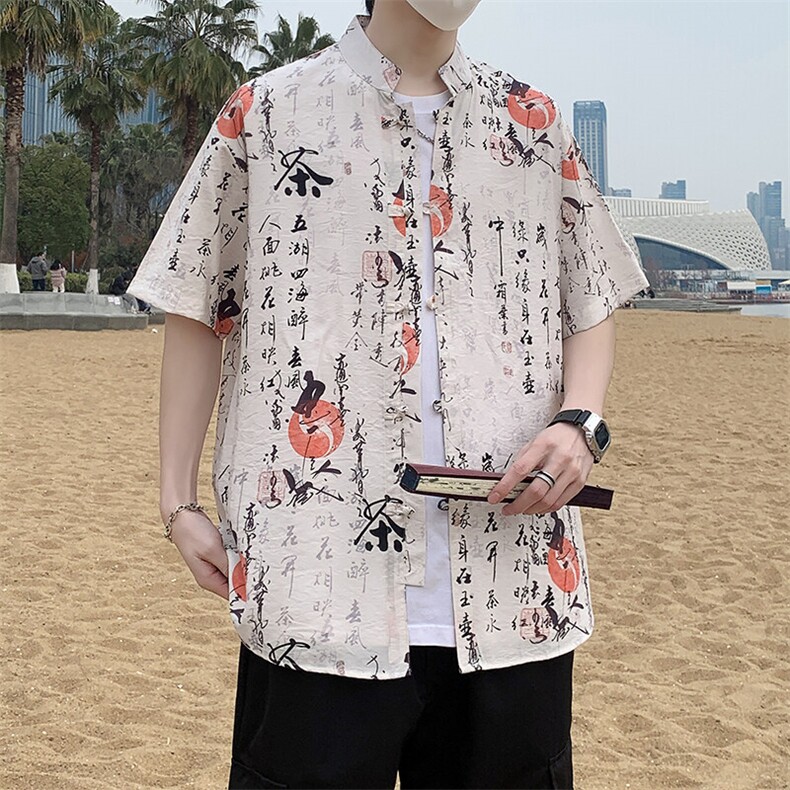 盘扣花纹短袖衬衫男复古唐装新中式风衬衣潮7010P40,男装衬衫,电商A056