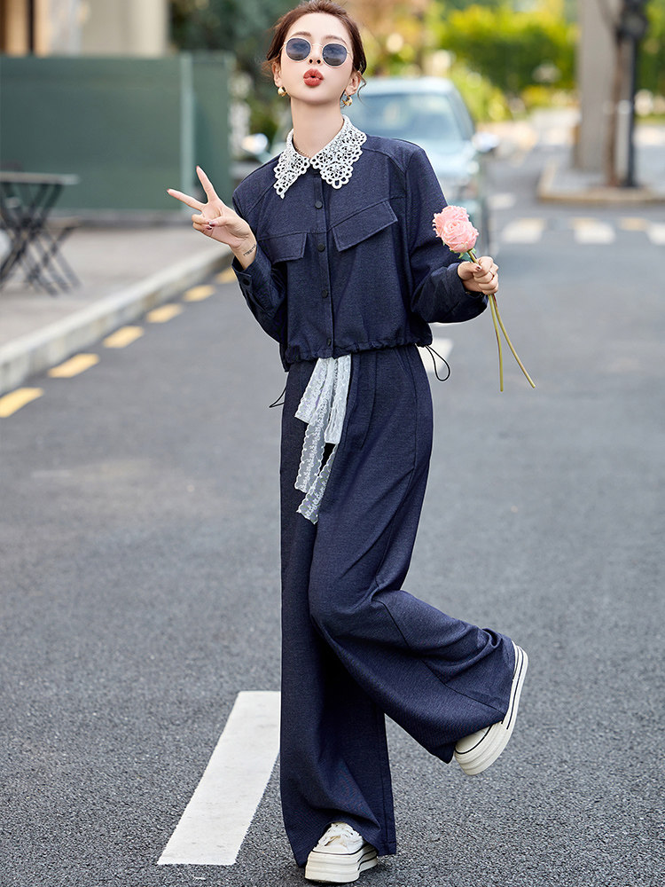 现货-休闲时尚套装女2025春秋新款洋气减龄气质百搭阔腿裤两件套,商品下架区,然然