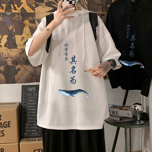 LD54261-P45 NASA连帽短袖t恤男大码胖子带帽五分袖中袖 海报风图片