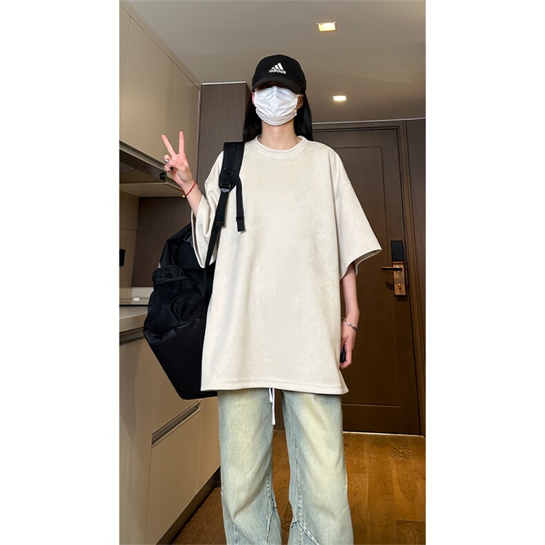 港风大码日系复古麂皮绒宽松套头圆领短袖T恤XZ213-T061-P35控48,男装T恤,星座213