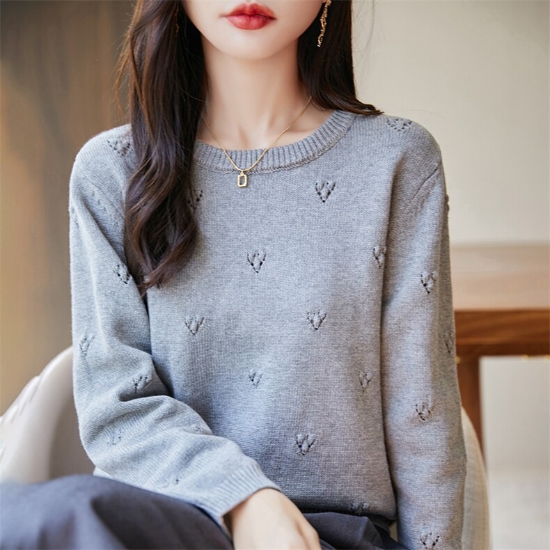 法式100%纯棉圆领毛衣女2025新款秋冬宽松慵懒风针织衫长袖打底衫,针织衫/毛衣,长今羊