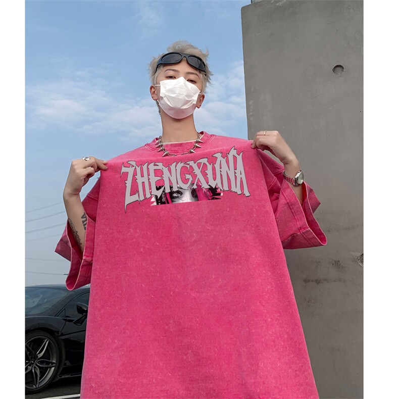 复古水洗做旧头像印花 欧美重磅落肩袖短袖T恤 XZ514-2-24134-P38图片