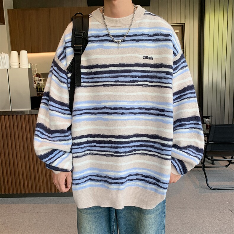 日系宽松慵懒风毛衣男2024春秋季条纹针织衫港风宽松情侣线衣,男装针织衫/毛衣,星座716-2