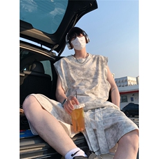 飘带设计休闲运动背心套装情侣百搭扎染脏脏背心短裤TZ899-特P63，男装休闲套装，电商A006