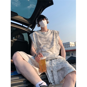 飘带设计休闲运动背心套装情侣百搭扎染脏脏背心短裤 TZ899-特P63图片