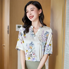 v领真丝衬衫女短袖夏季2025新款宽松大码印花桑蚕丝上衣中年妈妈，女装衬衫，阿舍尔精品