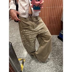 牛仔裤美式水洗字母印花阔腿工装裤男女慵懒宽松拖地裤NZX37图片