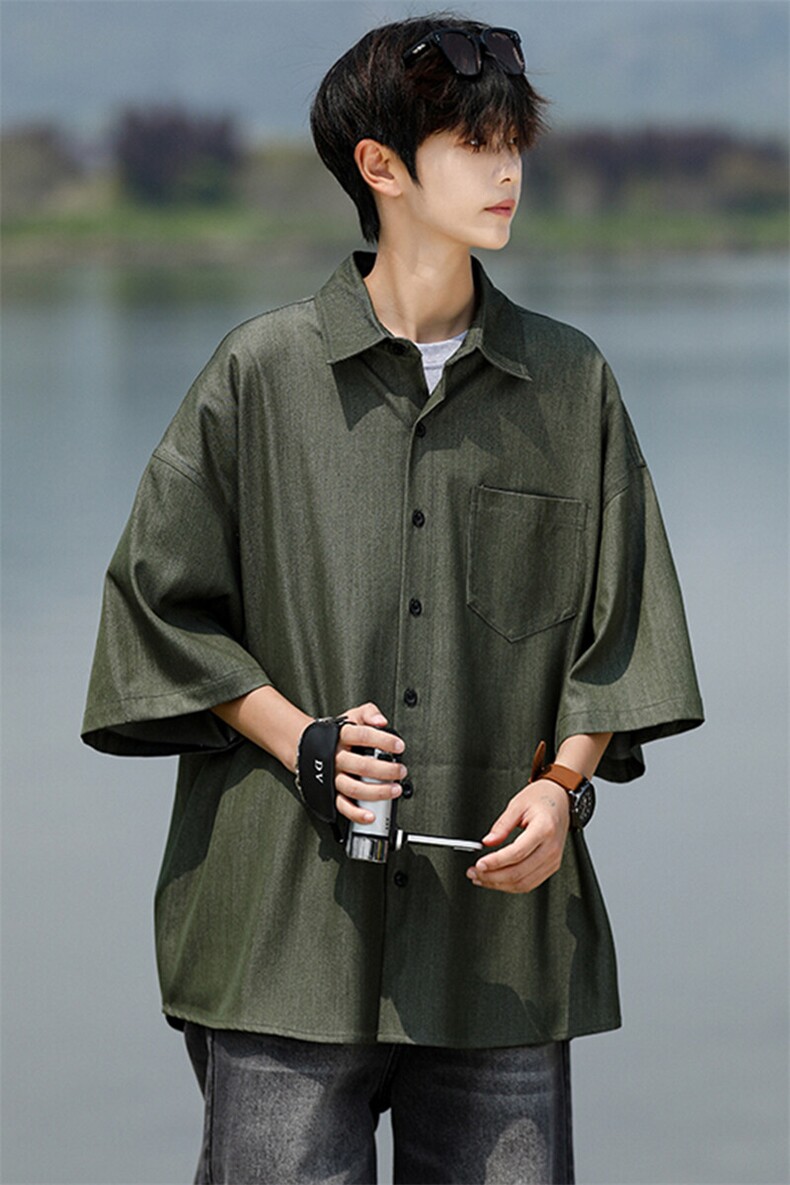 8XL-M冰丝牛仔短袖衬衫男款夏季薄款宽松慵懒衬衣外套DC28006P60,男装T恤,电商B312