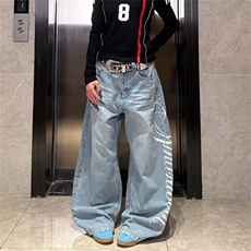 S4129-P48港风做旧毛边牛仔裤女春秋宽松直筒阔腿长裤小众，男装牛仔裤，电商B323A