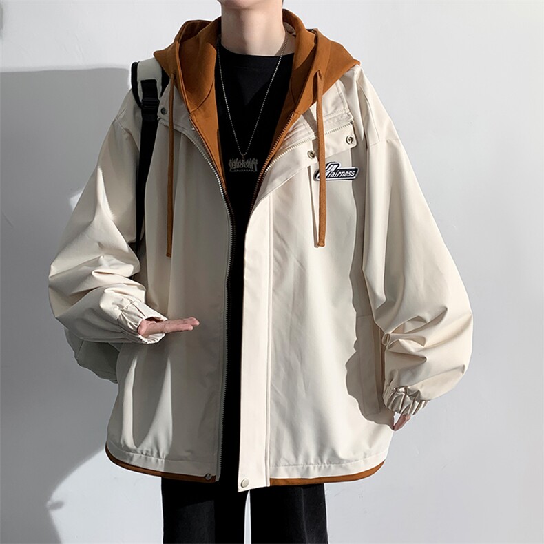 春秋款工装连帽假两件夹克潮流拼色宽松冲锋衣外套JK8310-P65,男装夹克,电商B306