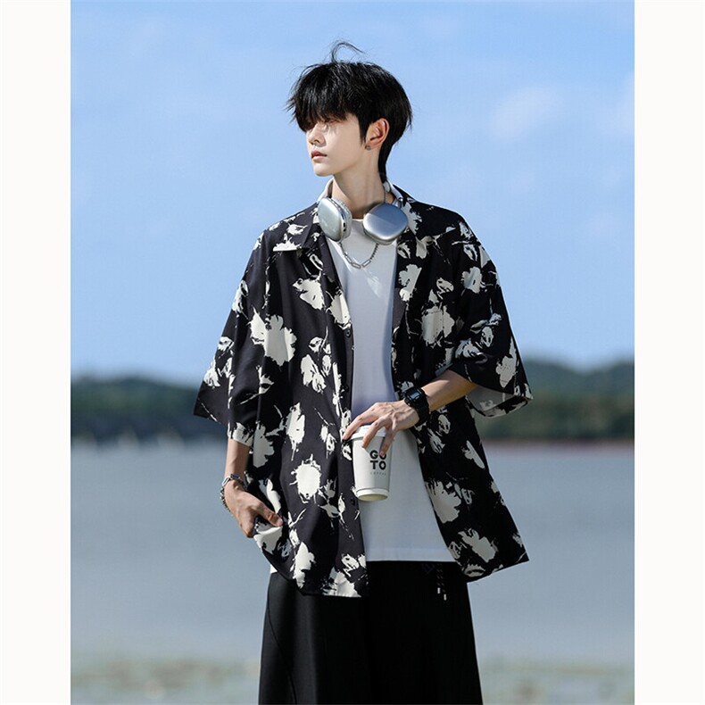 水墨花卉短袖花衬衫冰丝度假痞帅衬衣高级感夏威夷外套DC5015/P35,男装衬衫,电商B238
