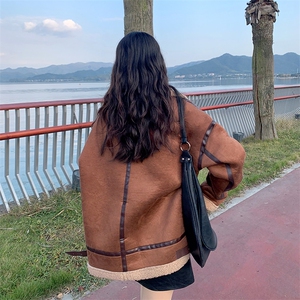 机车服皮毛一体羊羔毛外套女2025冬麂皮绒夹克羊羔绒棉服C596-120图片
