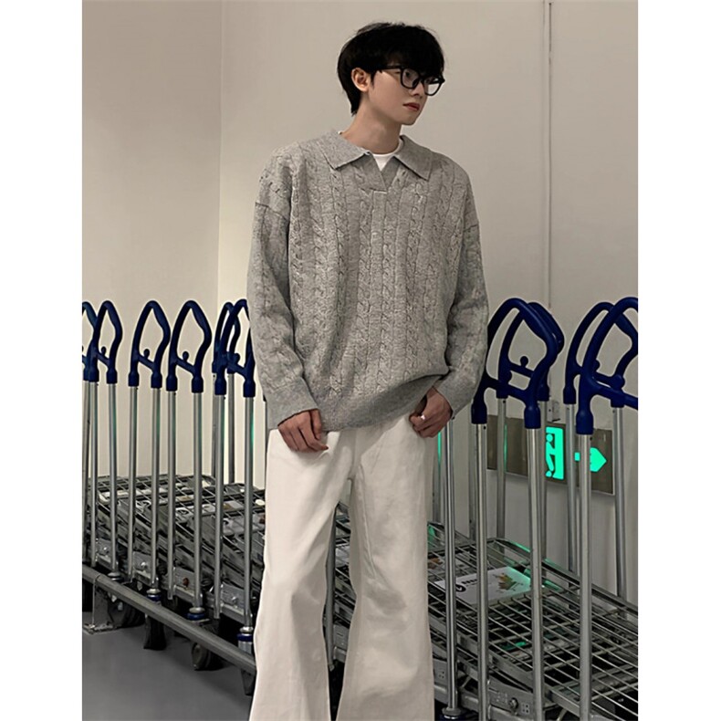 灰色美式复古绞花v领毛衣男款秋季韩系慵懒风针织polo衫情侣外套,男装针织衫/毛衣,星座1116A（原606A-3）