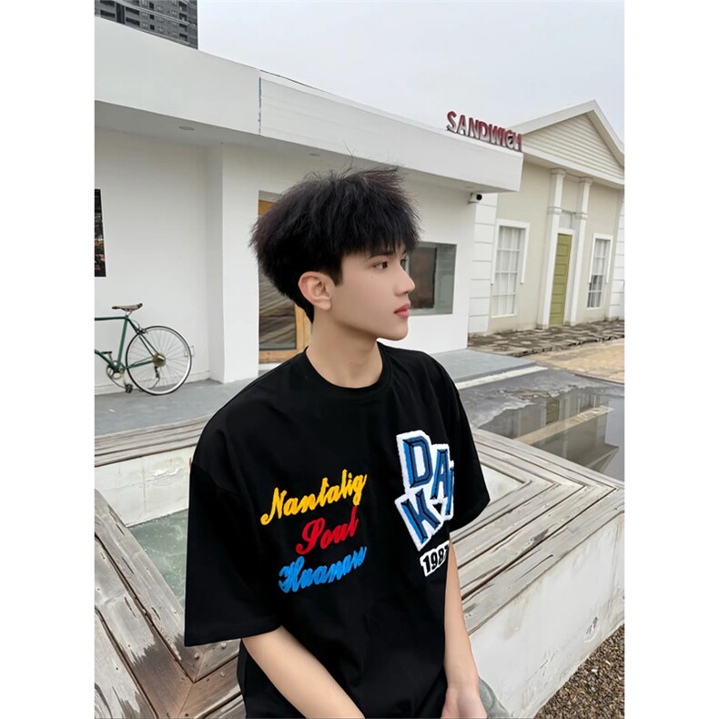网图现货美式刺绣短袖男女发泡印花宽松落肩半袖t恤A432-特P28,男装T恤,星座1505