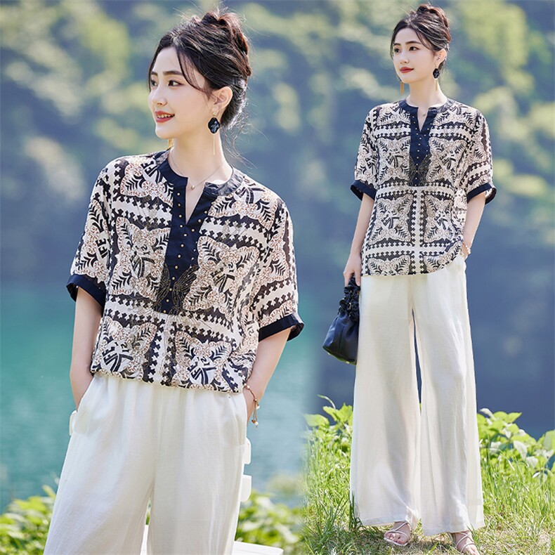 鸿夕阳妈妈装洋气七分袖T恤复古印花大码上衣时尚中老年人夏装，女装套装/套裙，水衣源
