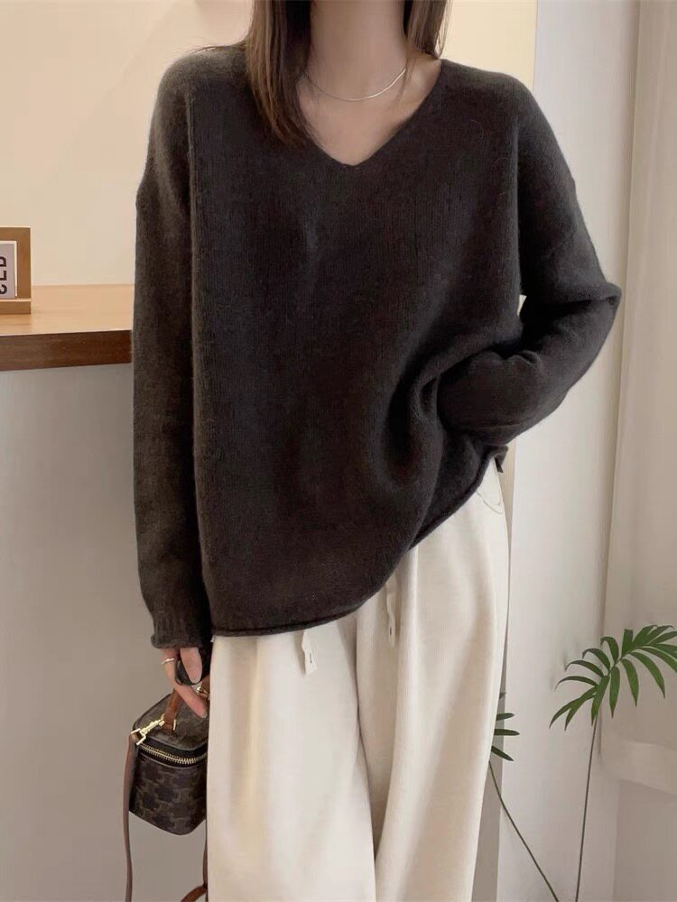 时尚温柔风加厚V领卷边套头羊毛衫显瘦百搭宽松毛衣,女装羊毛衫,圣旺供货