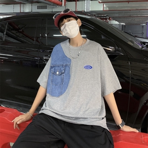 情侣装夏季小众设计感牛仔拼接潮流短袖女T恤男上衣T073-P28图片