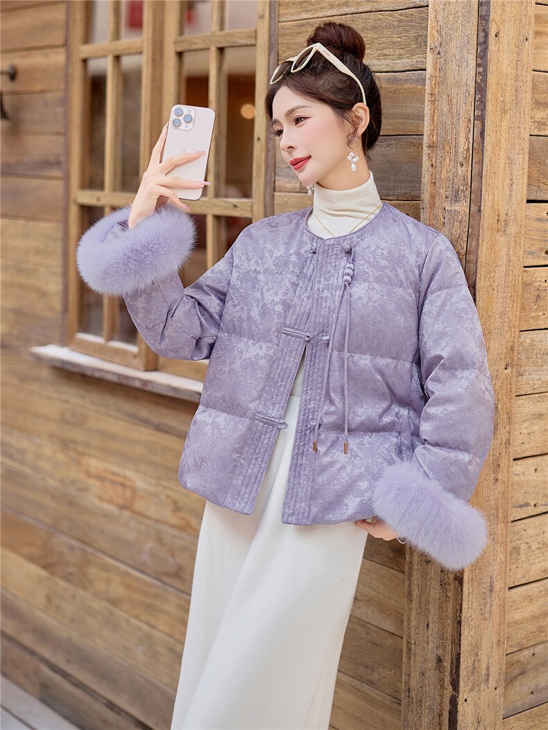 2026年冬季新中式90绒袖口真狐狸毛可脱下短款羽绒服外套女,女装短外套,E百度