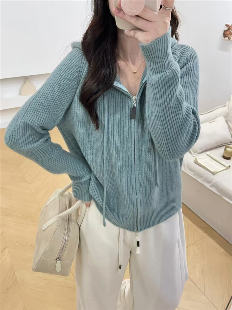 2025年秋季加厚时尚百搭通勤简约休闲拉链帽衫，女装针织衫/毛衣，暖烁特种纱工厂店