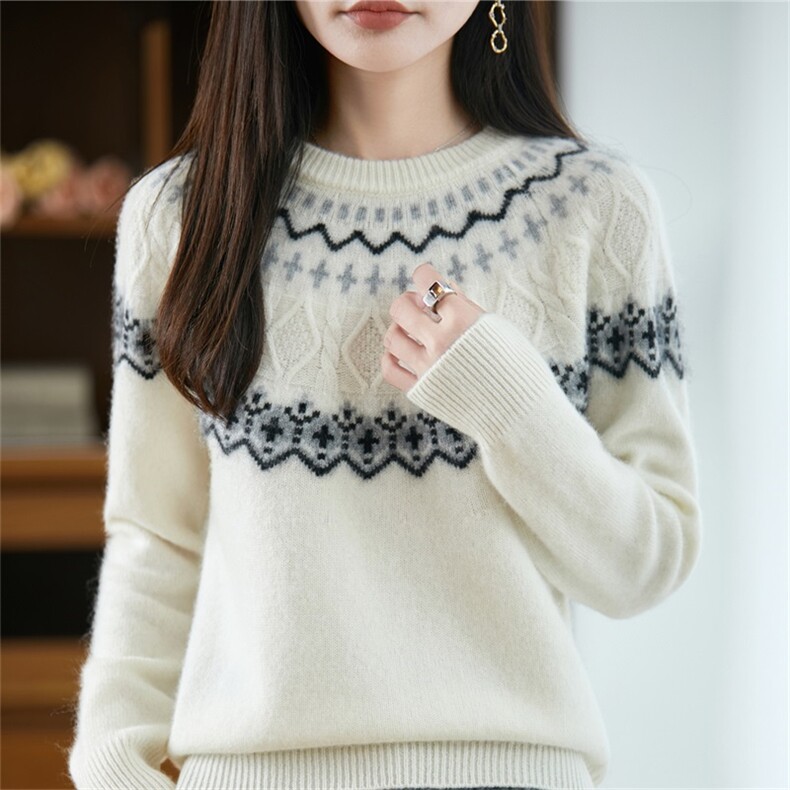 秋冬新款圆领加厚100%纯羊毛衫女长袖百搭提花撞色费尔岛打底毛衣，女装羊毛衫，迅太羊绒