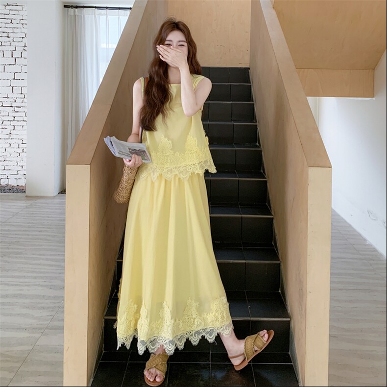 蕾丝拼接无袖黄色背心上衣半身裙套装女夏两件套爆款学院风超火,女装套装/套裙,浙宝210（原浙宝191）